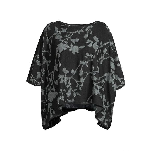 New $275 MING WANG Poncho Wrap Size L/XL Black Knit Floral Jacquard Oversized - Picture 1 of 7